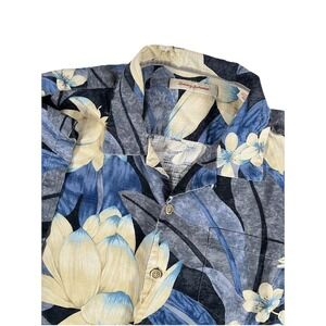 Tommy Bahama Floral Hawaiian Shirt White & Blue 100% Silk Tropical Beach Mens XL